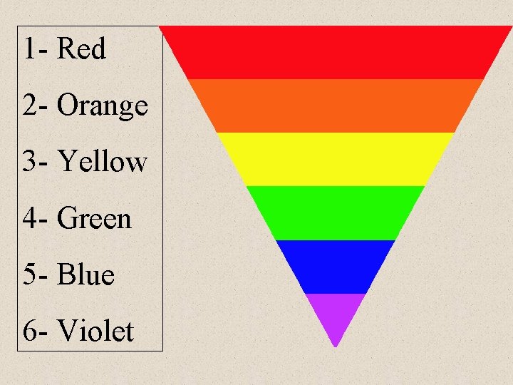 1 - Red 2 - Orange 3 - Yellow 4 - Green 5 -