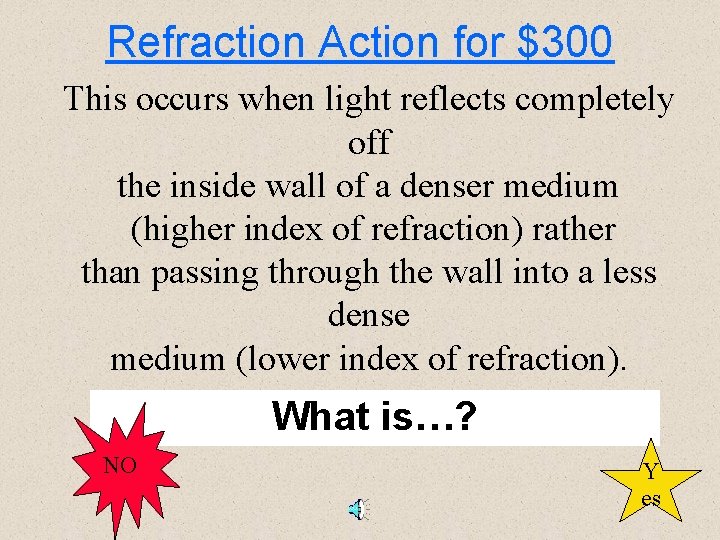 Refraction Action for $300 This occurs when light reflects completely off the inside wall