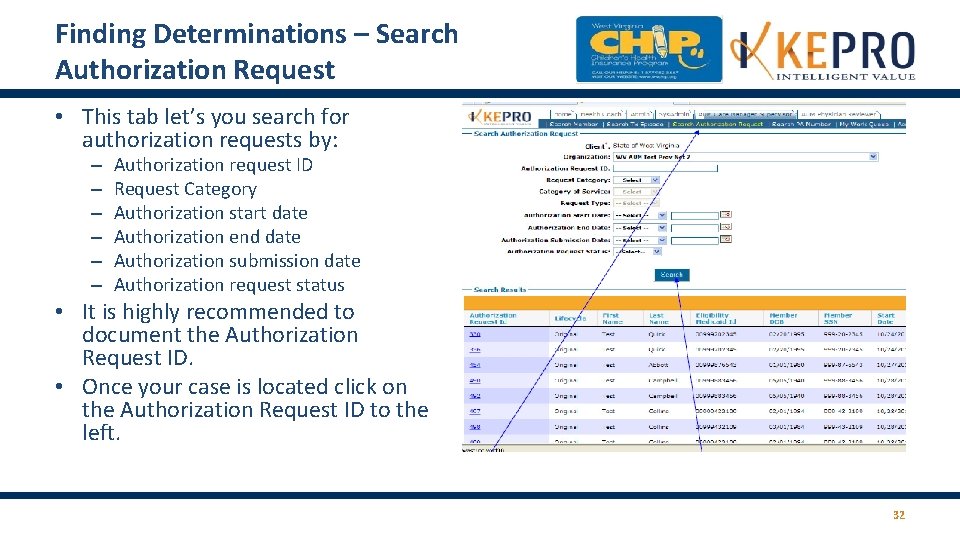Finding Determinations – Search Authorization Request • This tab let’s you search for authorization Finding Determinations – Search Authorization Request • This tab let’s you search for authorization