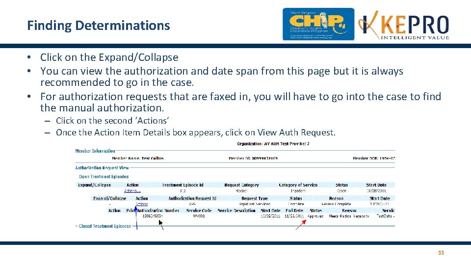 Finding Determinations • Click on the Expand/Collapse • You can view the authorization and Finding Determinations • Click on the Expand/Collapse • You can view the authorization and