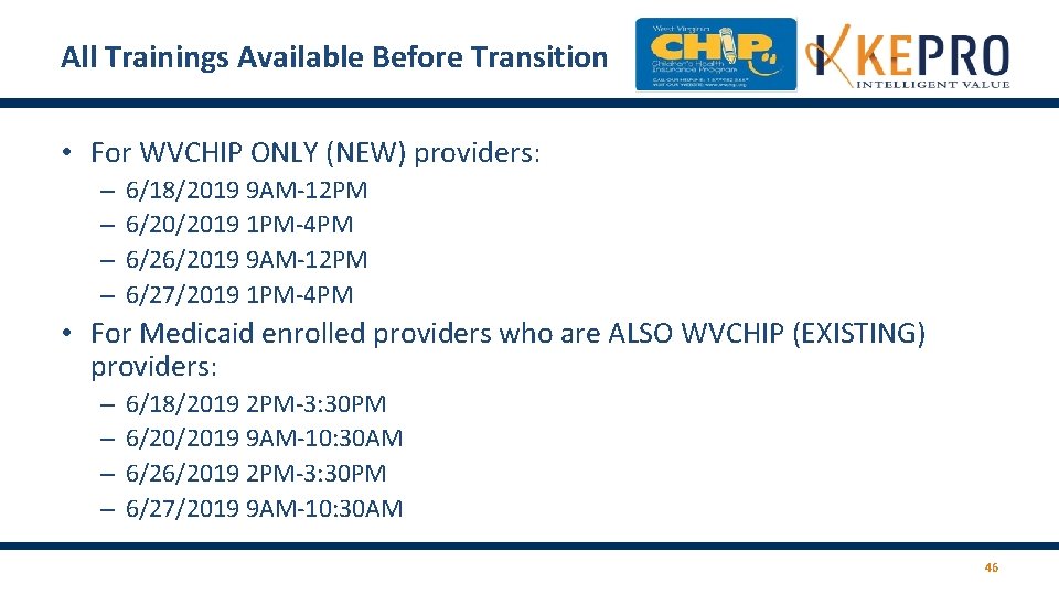 All Trainings Available Before Transition • For WVCHIP ONLY (NEW) providers: – – 6/18/2019 All Trainings Available Before Transition • For WVCHIP ONLY (NEW) providers: – – 6/18/2019