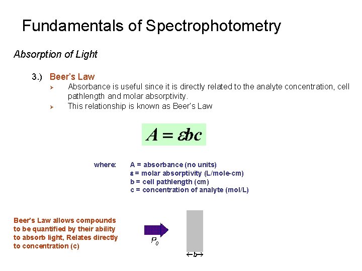 Fundamentals of Spectrophotometry Absorption of Light 3. ) Beer’s Law Ø Ø Absorbance is