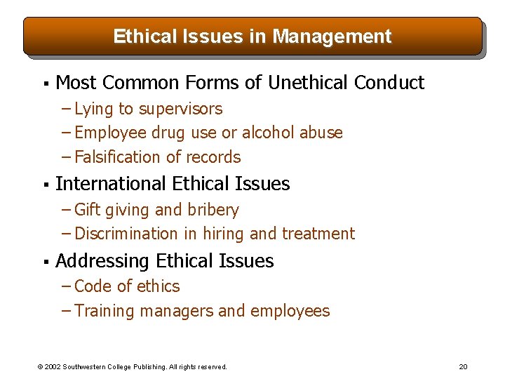 Ethical Issues in Management § Most Common Forms of Unethical Conduct – Lying to