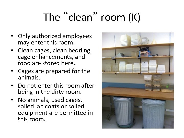 The “clean” room (K) • Only authorized employees may enter this room. • Clean