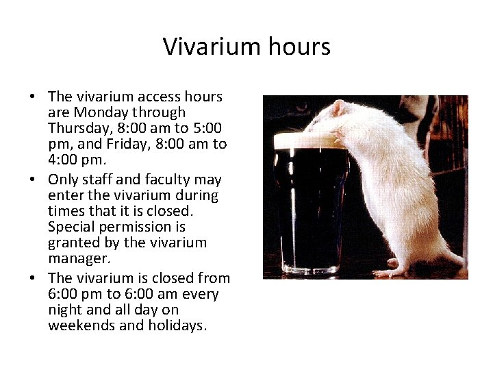 Vivarium hours • The vivarium access hours are Monday through Thursday, 8: 00 am