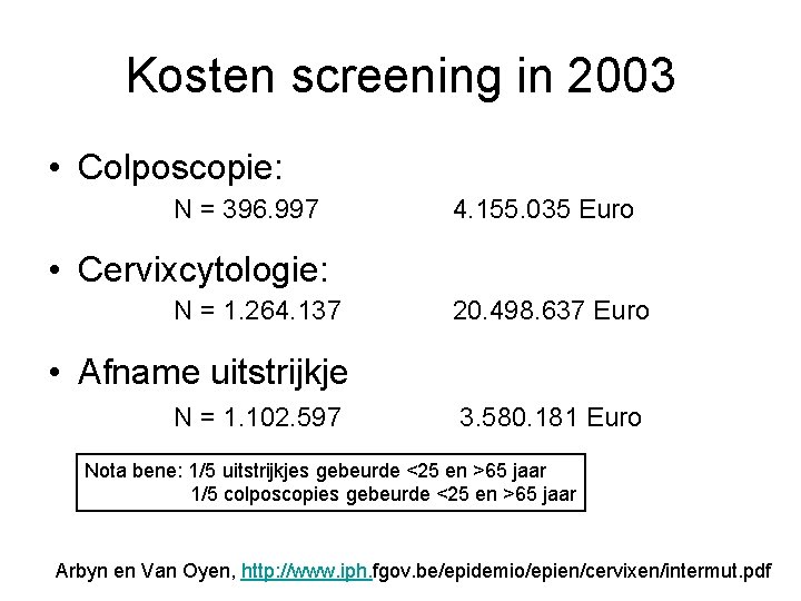 Kosten screening in 2003 • Colposcopie: N = 396. 997 4. 155. 035 Euro Kosten screening in 2003 • Colposcopie: N = 396. 997 4. 155. 035 Euro