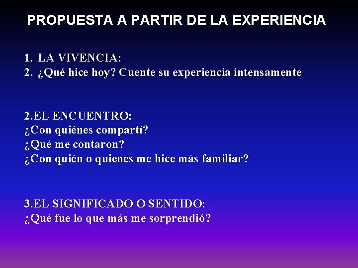 PROPUESTA A PARTIR DE LA EXPERIENCIA 1. LA VIVENCIA: 2. ¿Qué hice hoy? Cuente PROPUESTA A PARTIR DE LA EXPERIENCIA 1. LA VIVENCIA: 2. ¿Qué hice hoy? Cuente