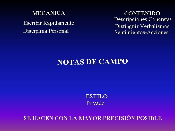 MECANICA CONTENIDO Descripciones Concretas Distinguir Verbalismos Sentimientos-Acciones Escribir Rápidamente Disciplina Personal NOTAS DE CAMPO MECANICA CONTENIDO Descripciones Concretas Distinguir Verbalismos Sentimientos-Acciones Escribir Rápidamente Disciplina Personal NOTAS DE CAMPO