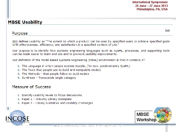 International Symposium 24 June – 27 June 2013 Philadelphia, PA, USA MBSE Workshop Copyright