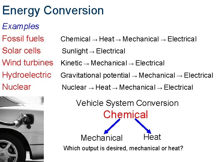 Energy Conversion Examples Fossil fuels Solar cells Wind turbines Hydroelectric Nuclear Chemical → Heat