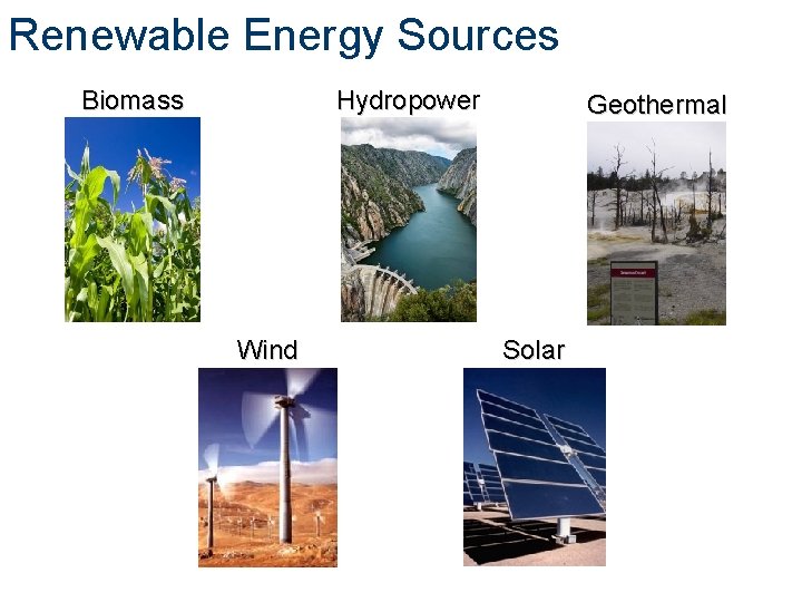 Renewable Energy Sources Biomass Hydropower Hydropowe Wind Geothermal Solar 