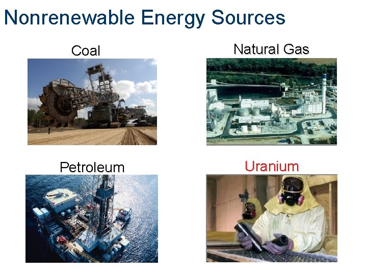 Nonrenewable Energy Sources Coal Petroleum Natural Gas Uranium 