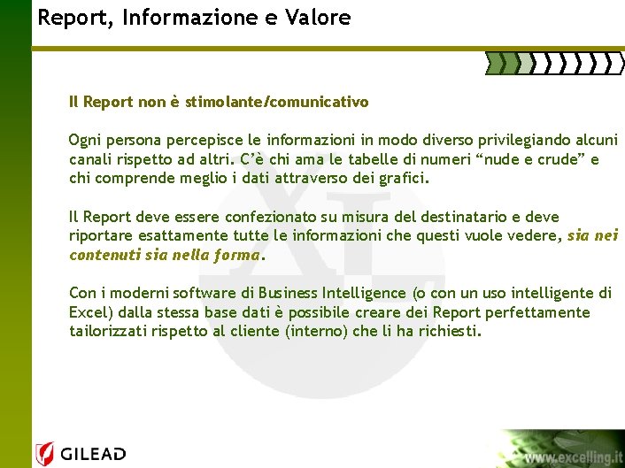 Report, Informazione e Valore Il Report non è stimolante/comunicativo Ogni persona percepisce le informazioni