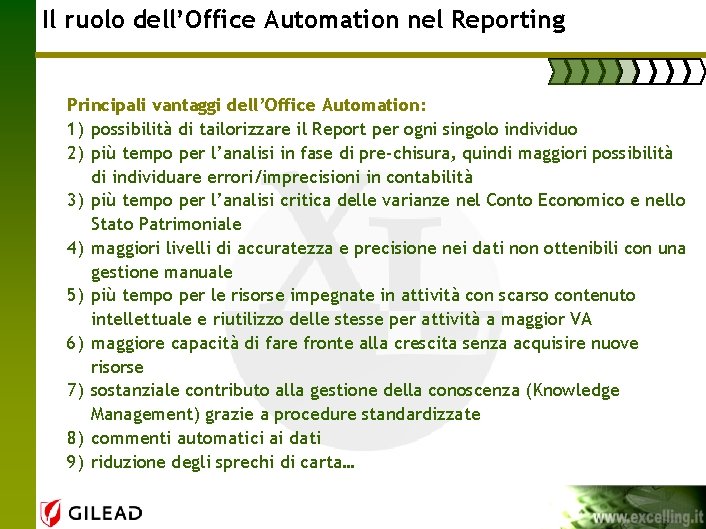 Il ruolo dell’Office Automation nel Reporting Principali vantaggi dell’Office Automation: 1) possibilità di tailorizzare