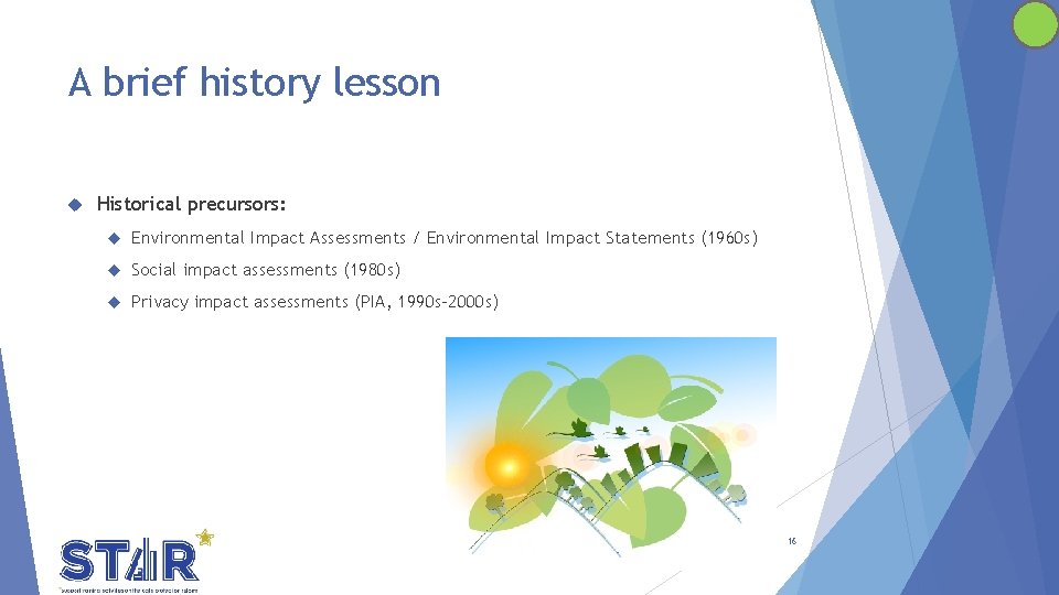 A brief history lesson Historical precursors: Environmental Impact Assessments / Environmental Impact Statements (1960