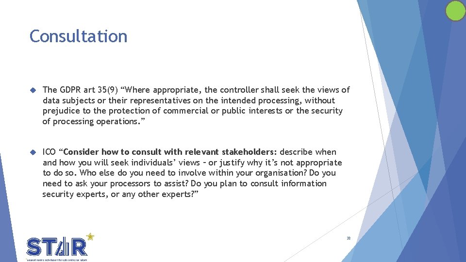 Consultation The GDPR art 35(9) “Where appropriate, the controller shall seek the views of