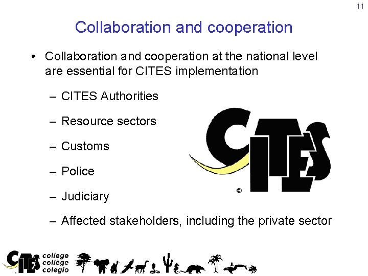 11 Collaboration and cooperation • Collaboration and cooperation at the national level are essential