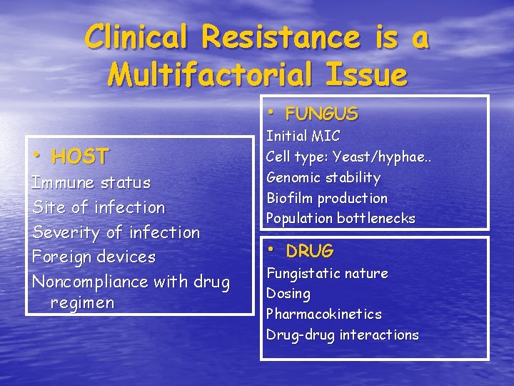 Clinical Resistance is a Multifactorial Issue • FUNGUS • HOST Immune status Site of