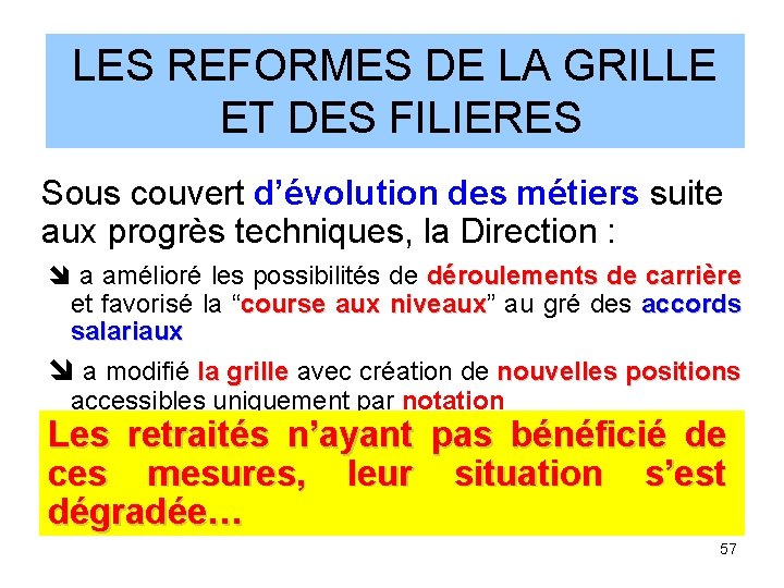 LES REFORMES DE LA GRILLE ET DES FILIERES Sous couvert d’évolution des métiers suite