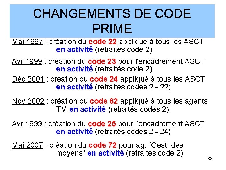 CHANGEMENTS DE CODE PRIME Mai 1997 : création du code 22 appliqué à tous