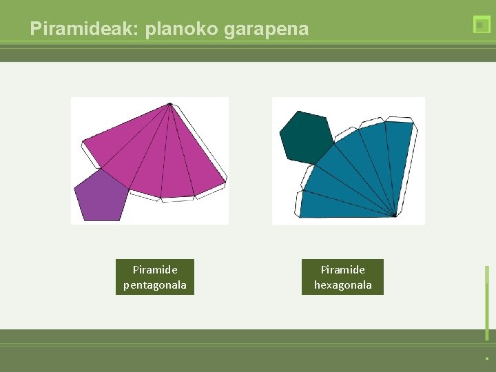 Piramideak: planoko garapena Piramide pentagonala Piramide hexagonala 