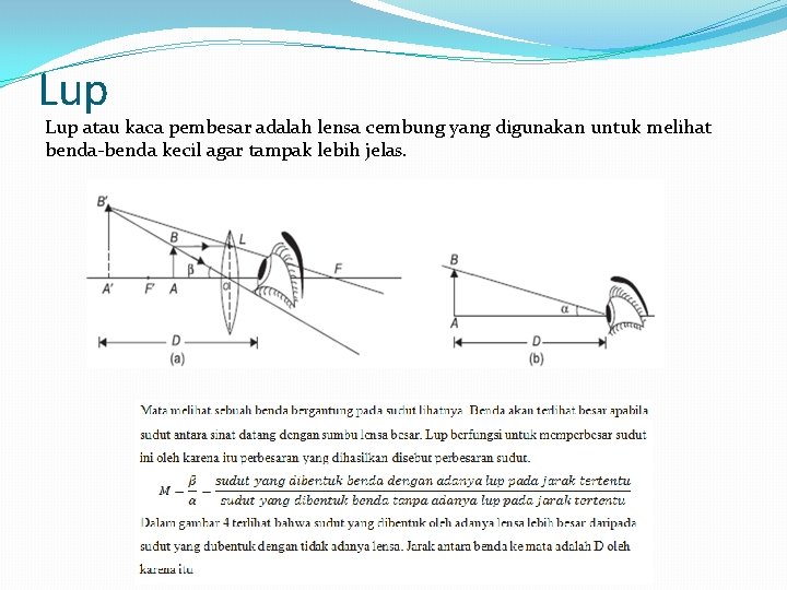 Lup atau kaca pembesar adalah lensa cembung yang digunakan untuk melihat benda-benda kecil agar Lup atau kaca pembesar adalah lensa cembung yang digunakan untuk melihat benda-benda kecil agar