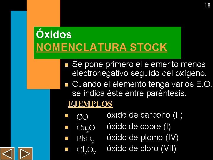 18 Óxidos NOMENCLATURA STOCK Se pone primero el elemento menos electronegativo seguido del oxígeno.