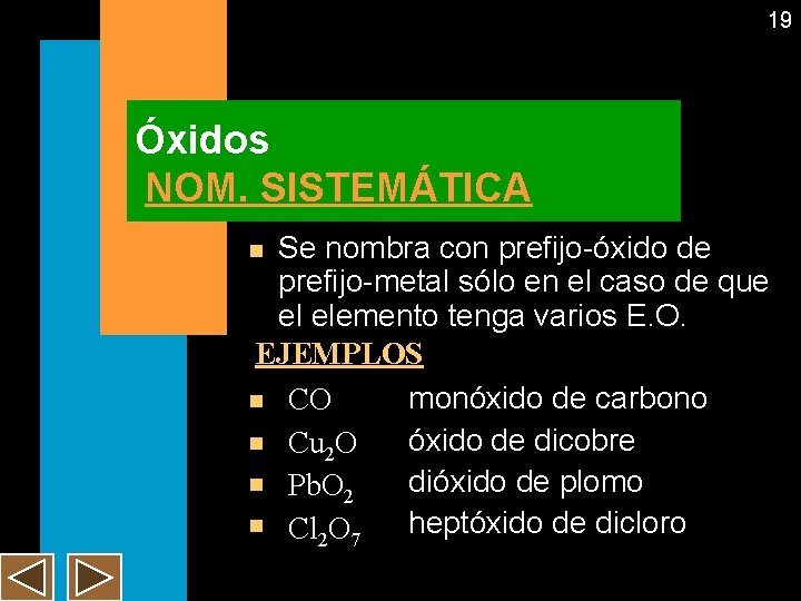 19 Óxidos NOM. SISTEMÁTICA Se nombra con prefijo-óxido de prefijo-metal sólo en el caso