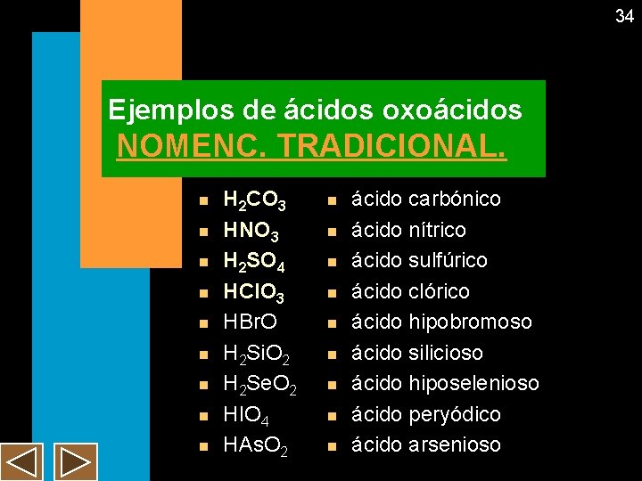 34 Ejemplos de ácidos oxoácidos NOMENC. TRADICIONAL. n n n n n H 2