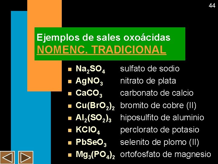 44 Ejemplos de sales oxoácidas NOMENC. TRADICIONAL n n n n Na 2 SO