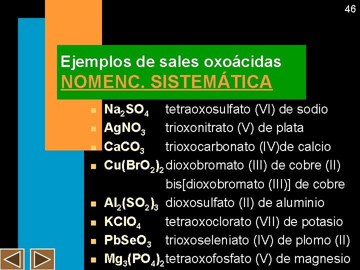 46 Ejemplos de sales oxoácidas NOMENC. SISTEMÁTICA n n n n Na 2 SO