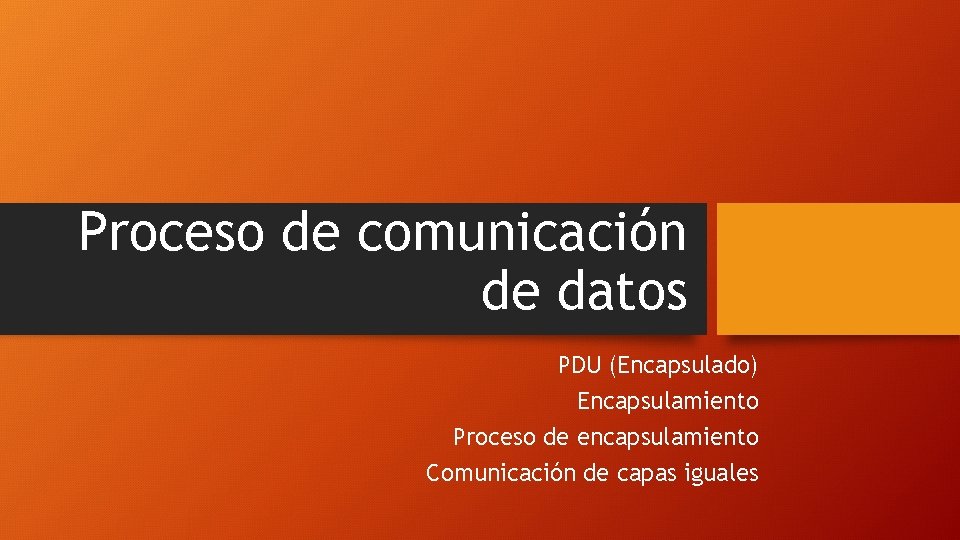Proceso de comunicación de datos PDU (Encapsulado) Encapsulamiento Proceso de encapsulamiento Comunicación de capas