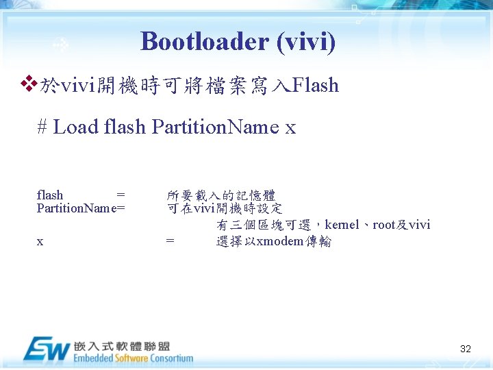 Bootloader (vivi) v於vivi開機時可將檔案寫入Flash # Load flash Partition. Name x flash = Partition. Name= x