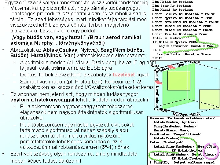 Budos Egyszerű szabályalapú rendszerektől a szakértői rendszerekig Dim Ablak As Boolean Dim Szag As