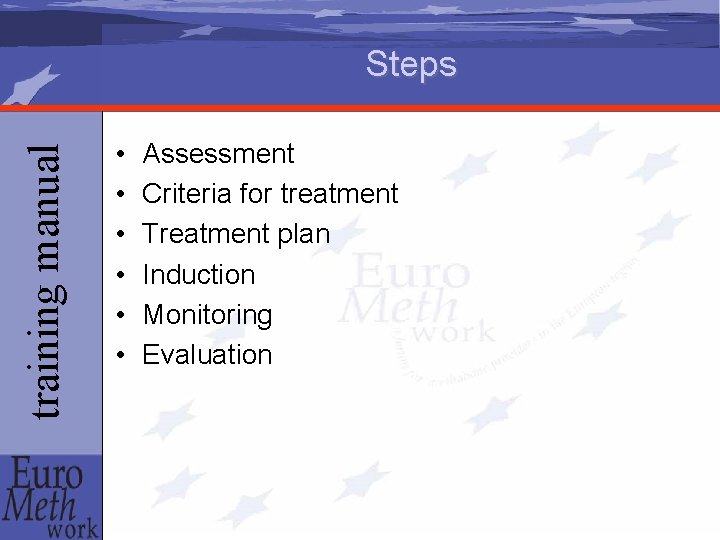 training manual Steps • • • Assessment Criteria for treatment Treatment plan Induction Monitoring