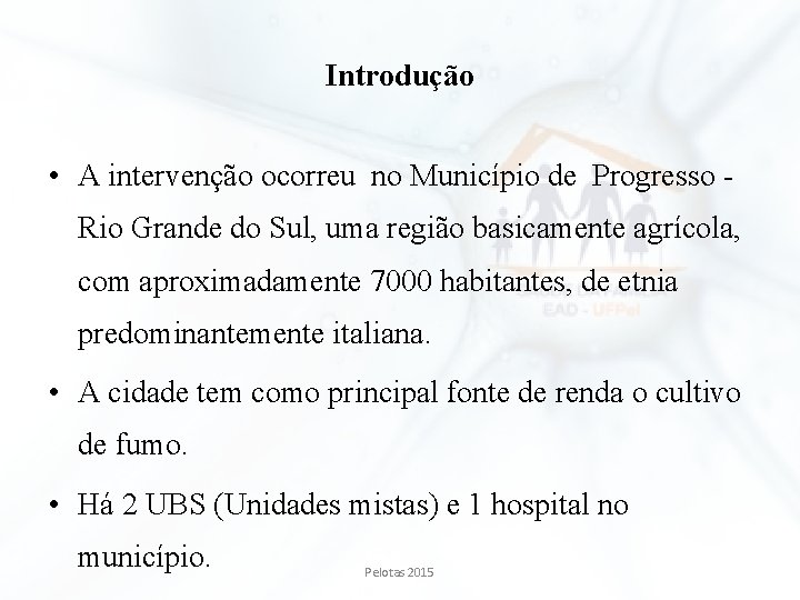 Introdução • A intervenção ocorreu no Município de Progresso Rio Grande do Sul, uma