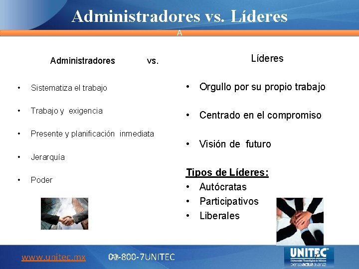 Administradores vs. Líderes A Administradores vs. Líderes • Sistematiza el trabajo • Orgullo por