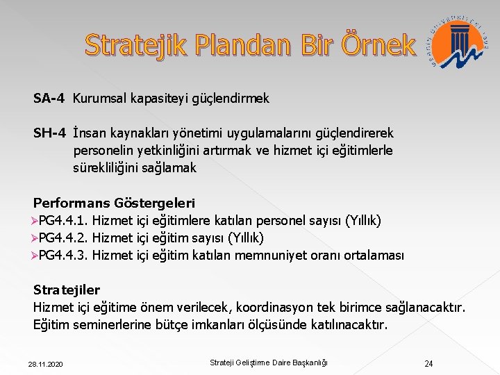 Stratejik Plandan Bir Örnek SA-4 Kurumsal kapasiteyi güçlendirmek SH-4 İnsan kaynakları yönetimi uygulamalarını güçlendirerek