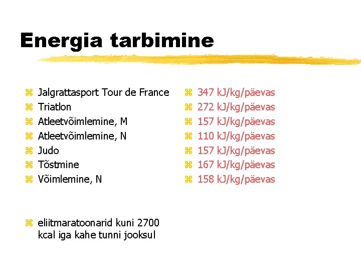 Energia tarbimine z z z z Jalgrattasport Tour de France Triatlon Atleetvõimlemine, M Atleetvõimlemine,