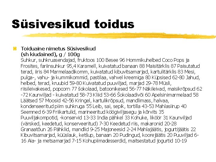 Süsivesikud toidus z Toiduaine nimetus Süsivesikud (sh kiudained), g / 100 g Suhkur, suhkruasendajad,