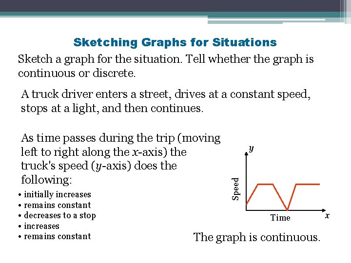 Sketching Graphs for Situations Sketch a graph for the situation. Tell whether the graph