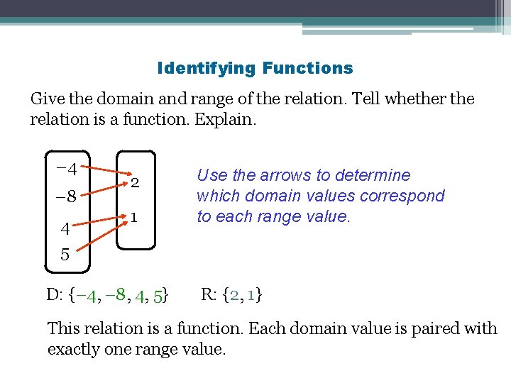 Identifying Functions Give the domain and range of the relation. Tell whether the relation