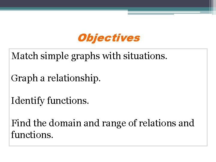 Objectives Match simple graphs with situations. Graph a relationship. Identify functions. Find the domain