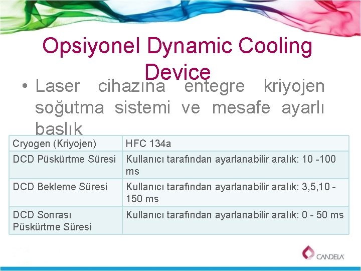Opsiyonel Dynamic Cooling Device • Laser cihazına entegre kriyojen soğutma sistemi ve mesafe ayarlı