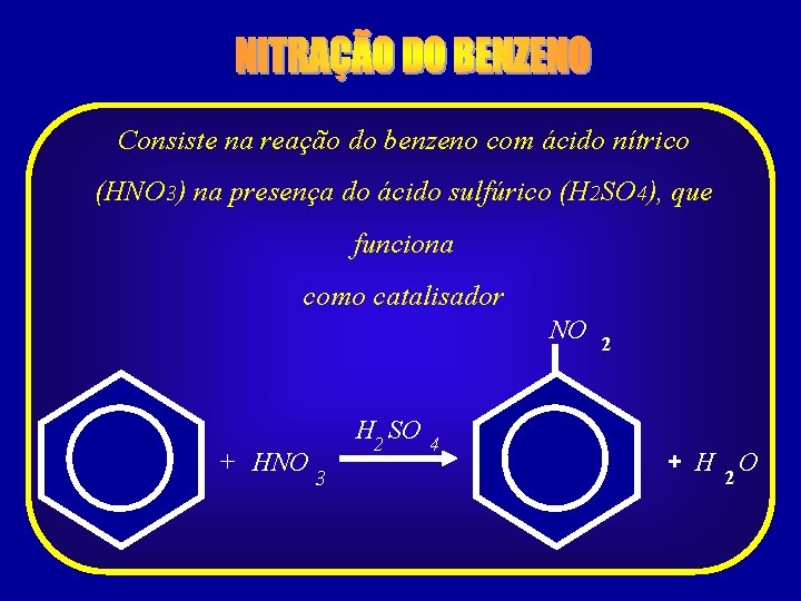 Consiste na reação do benzeno com ácido nítrico (HNO 3) na presença do ácido