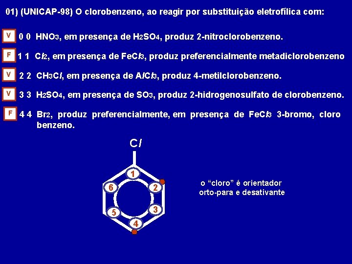 01) (UNICAP-98) O clorobenzeno, ao reagir por substituição eletrofílica com: V 0 0 HNO