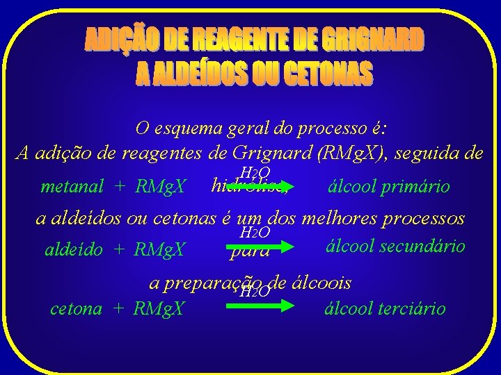 O esquema geral do processo é: A adição de reagentes de Grignard (RMg. X),