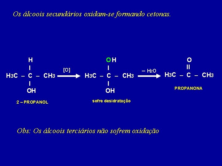 Os álcoois secundários oxidam-se formando cetonas. H I H 3 C – CH 3