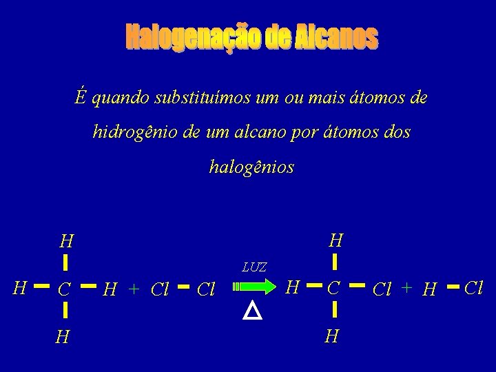 É quando substituímos um ou mais átomos de hidrogênio de um alcano por átomos