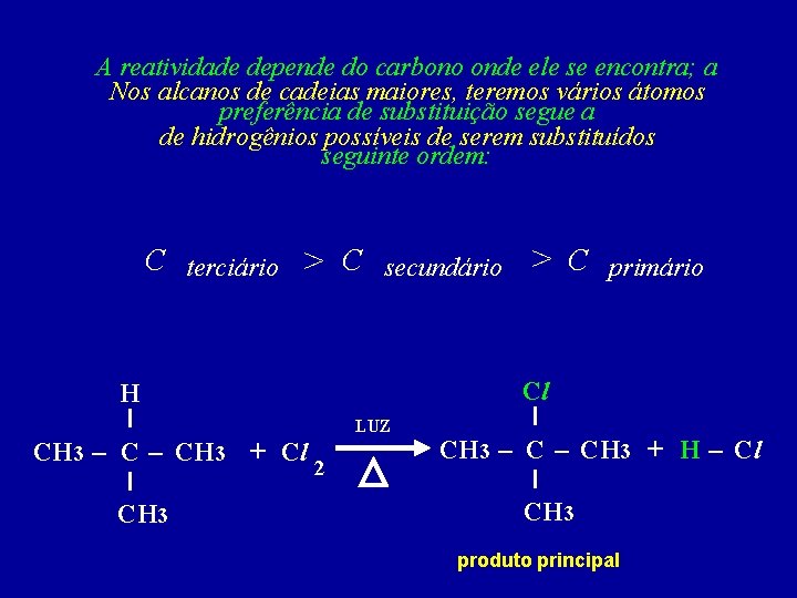 A reatividade depende do carbono onde ele se encontra; a Nos alcanos de cadeias